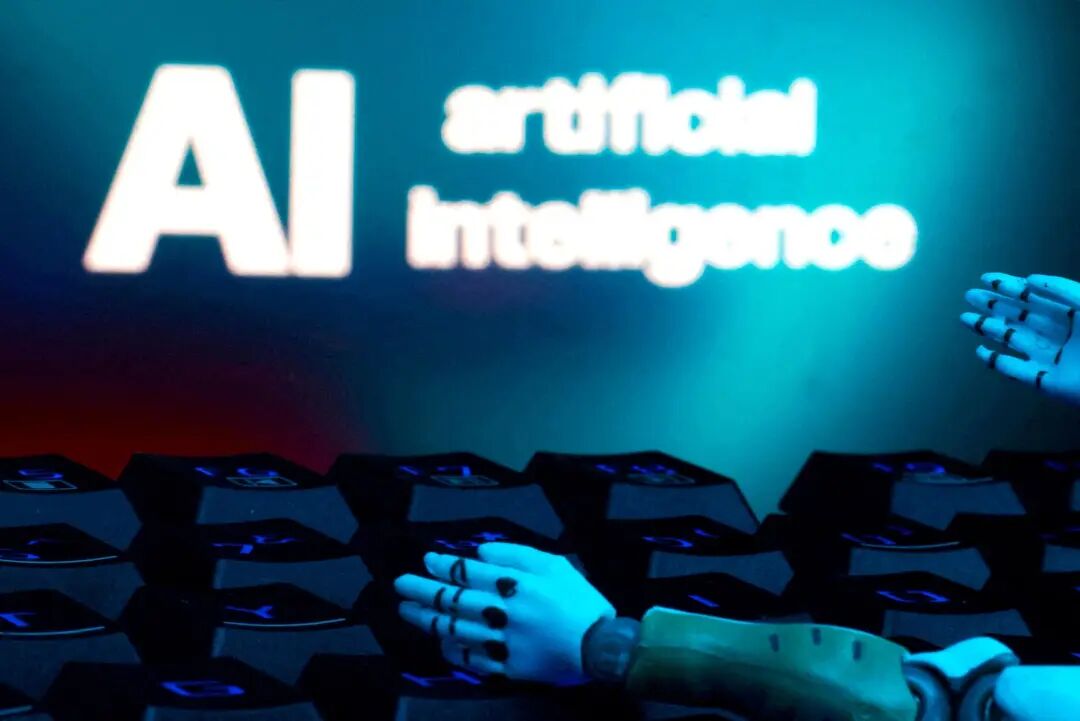 Illustration shows message reading "AI artificial intelligence", keyboard and robot hands