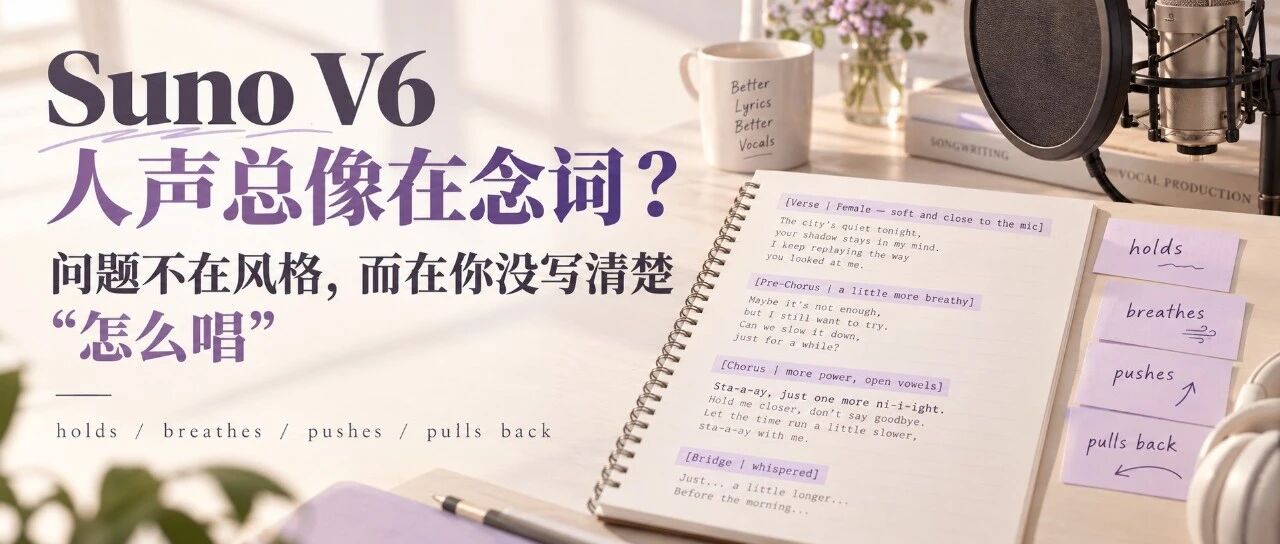 Suno提示词实战:4个动词解决V6人声念词问题,让AI真正开口唱歌
